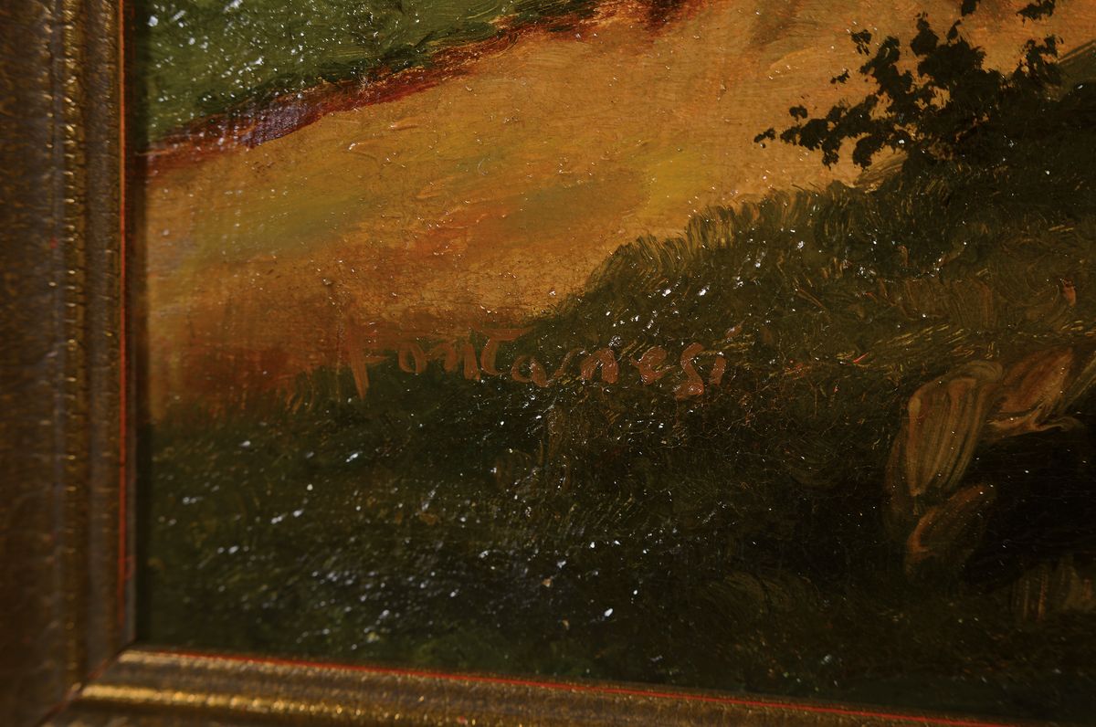 Detail a: Unbekannter Spätromantiker, Mitte 19. Jh., italienische Landschaft mit Spaziergängerin, Öl/Lwd, unsigniert, Altersschäden, z.T. rest., ca. 47 x ...