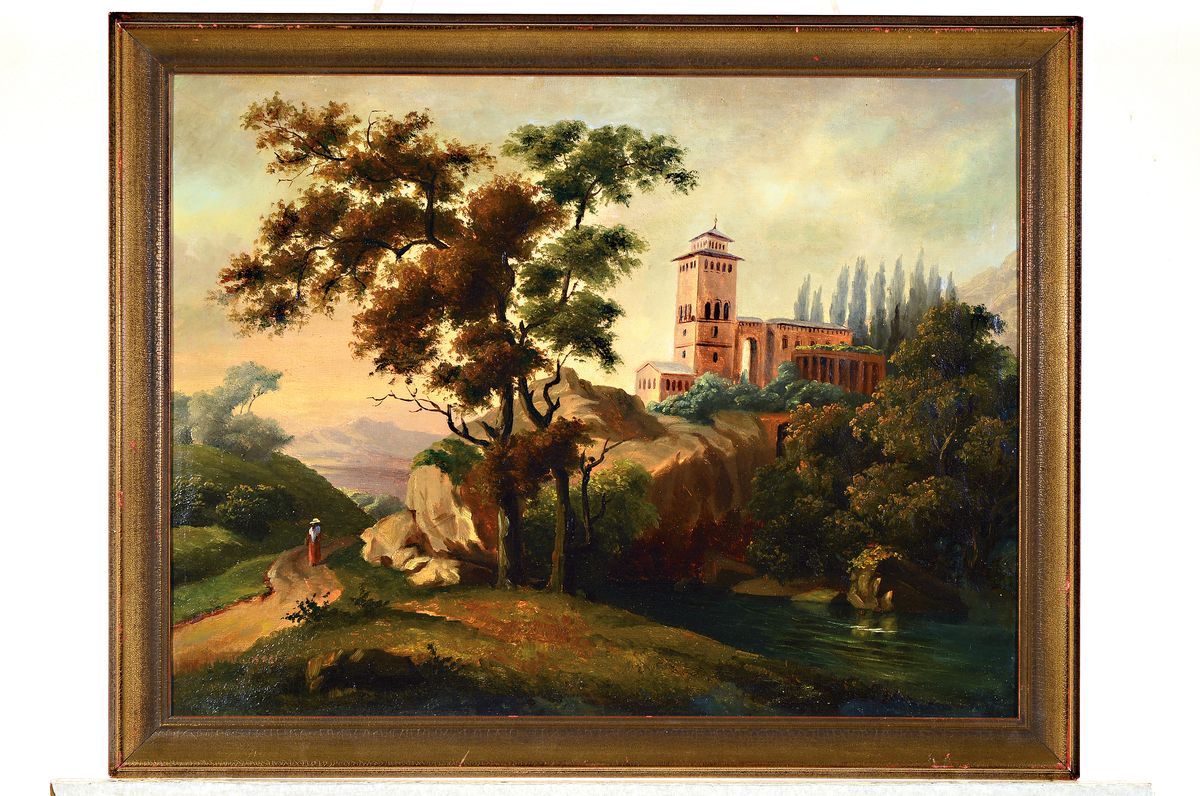Detail k: Unbekannter Spätromantiker, Mitte 19. Jh., italienische Landschaft mit Spaziergängerin, Öl/Lwd, unsigniert, Altersschäden, z.T. rest., ca. 47 x ...