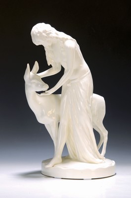 Image 26697689 - Large porcelain group, girl with deer, Royal Dux, Bohemia, porcelain, l. Cream-colored glazed, round plinth with manufacturing- related glaze defect, No. 14030, company signet, traces of age, h. 40 cm