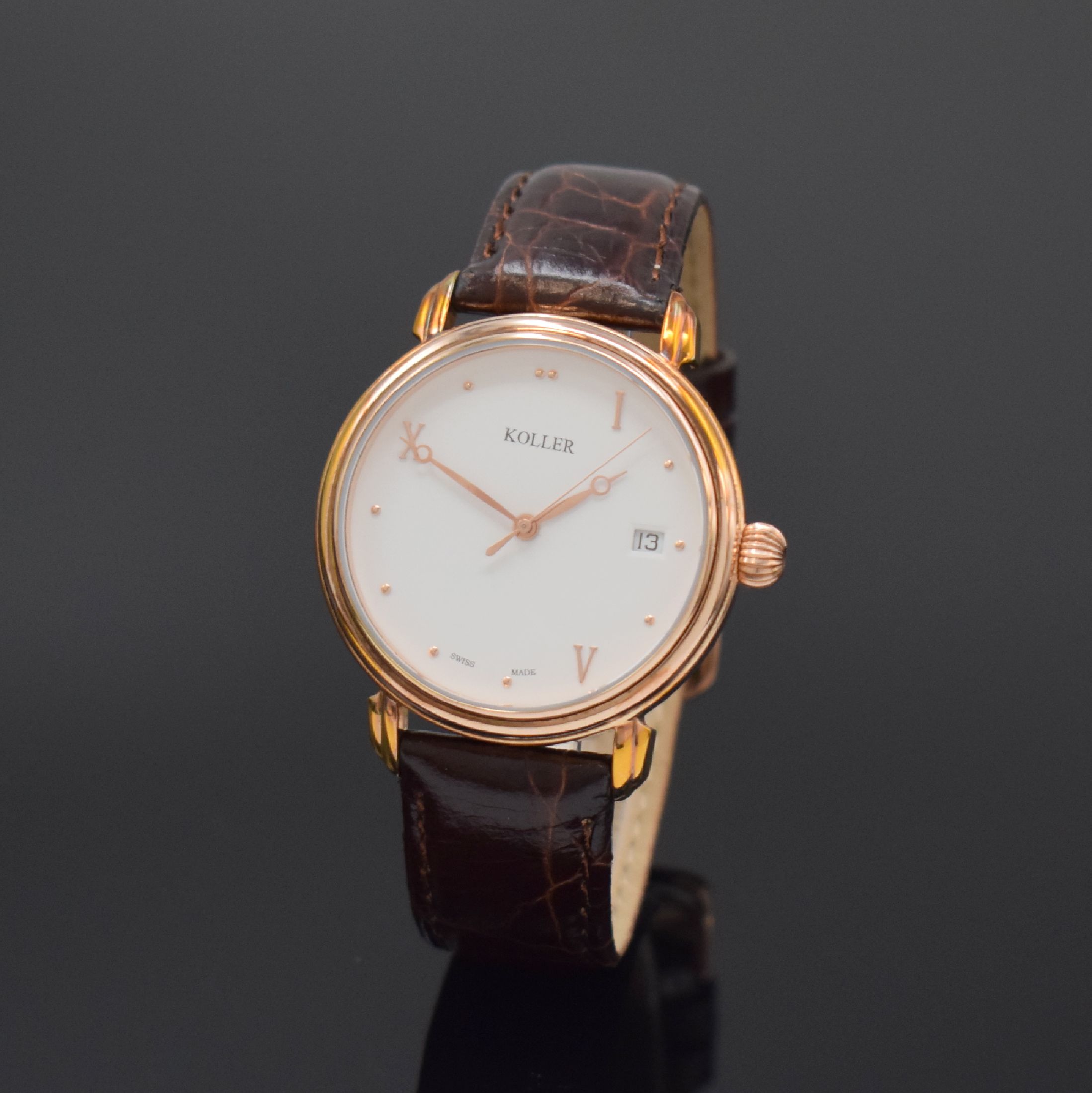 KOLLER Herrenarmbanduhr Referenz 69600, Schweiz akt. Produktion, Automatik, verg., beids. vergl. Geh., weißes Zifferblatt, gold. Std.-Ind. u. ...