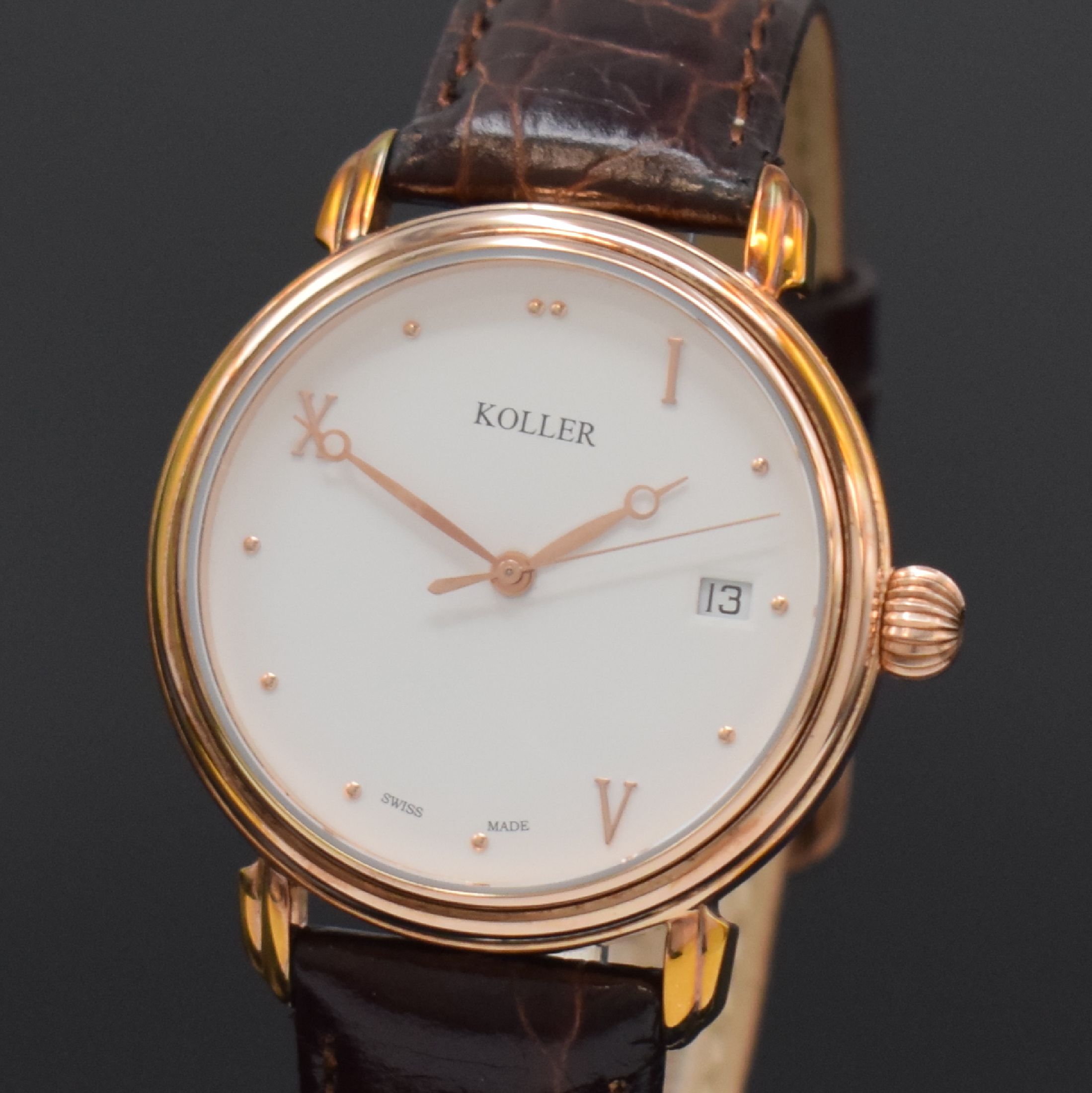 Detail a: KOLLER Herrenarmbanduhr Referenz 69600, Schweiz akt. Produktion, Automatik, verg., beids. vergl. Geh., weißes Zifferblatt, gold. Std.-Ind. u. ...