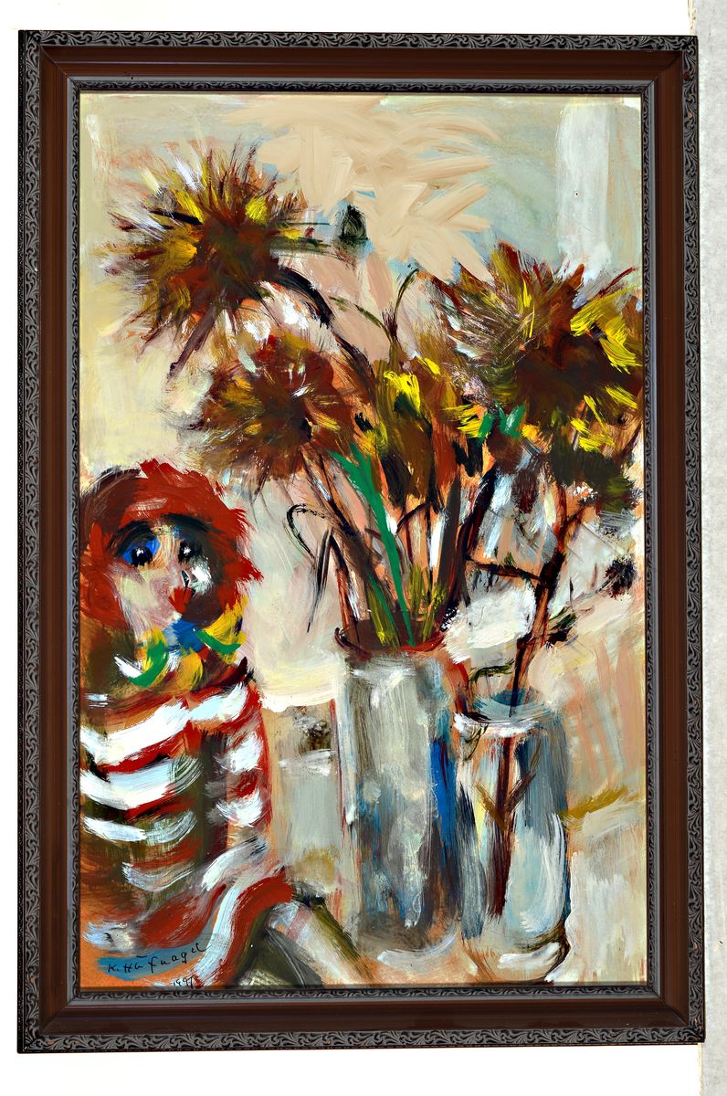 Karl Hufnagel, 1906 Harthausen-1995, Stilleben mit Sonnnenblumen und Puppe, Öl/Malpappe, links unten signiert und datiert 1991, 60x37 cm, Rahmen ...