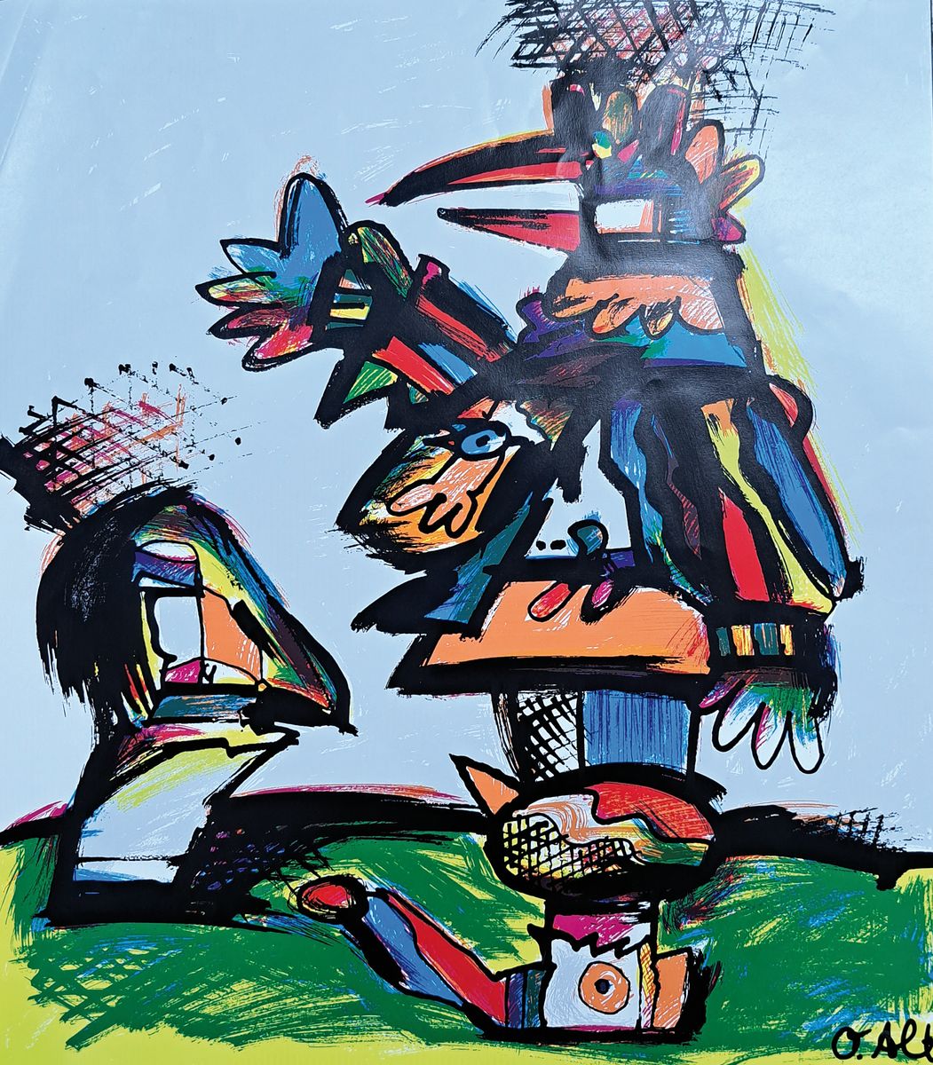 Otmar Alt, geb. 1940, Offsetlitho, zwei bunte Vögel, handsign., ca. 45,5x40 cm, gebrsp.