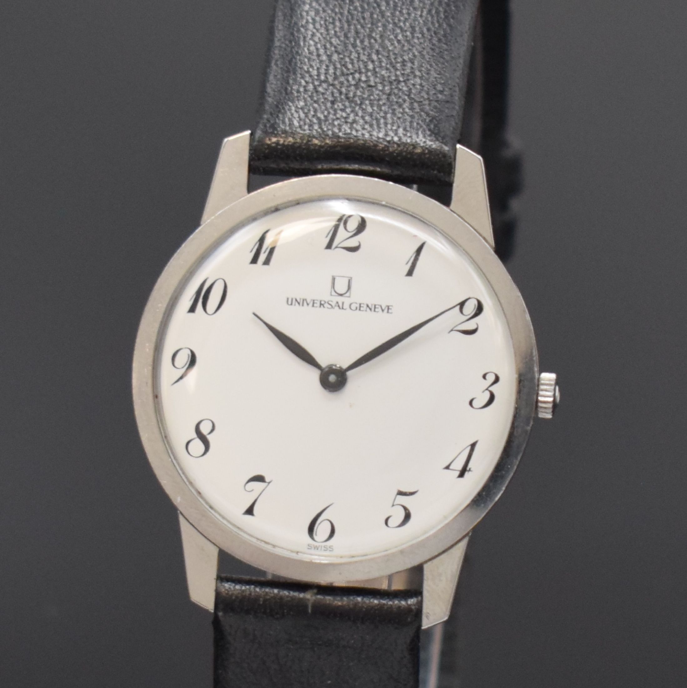 Detail a: UNIVERSAL GENEVE klassische Armbanduhr Referenz 842101/12, Schweiz um 1965, Handaufzug, Boden gedr., silb. Zifferbl. m. arab. Zahlen, geschw. Zeiger, ...