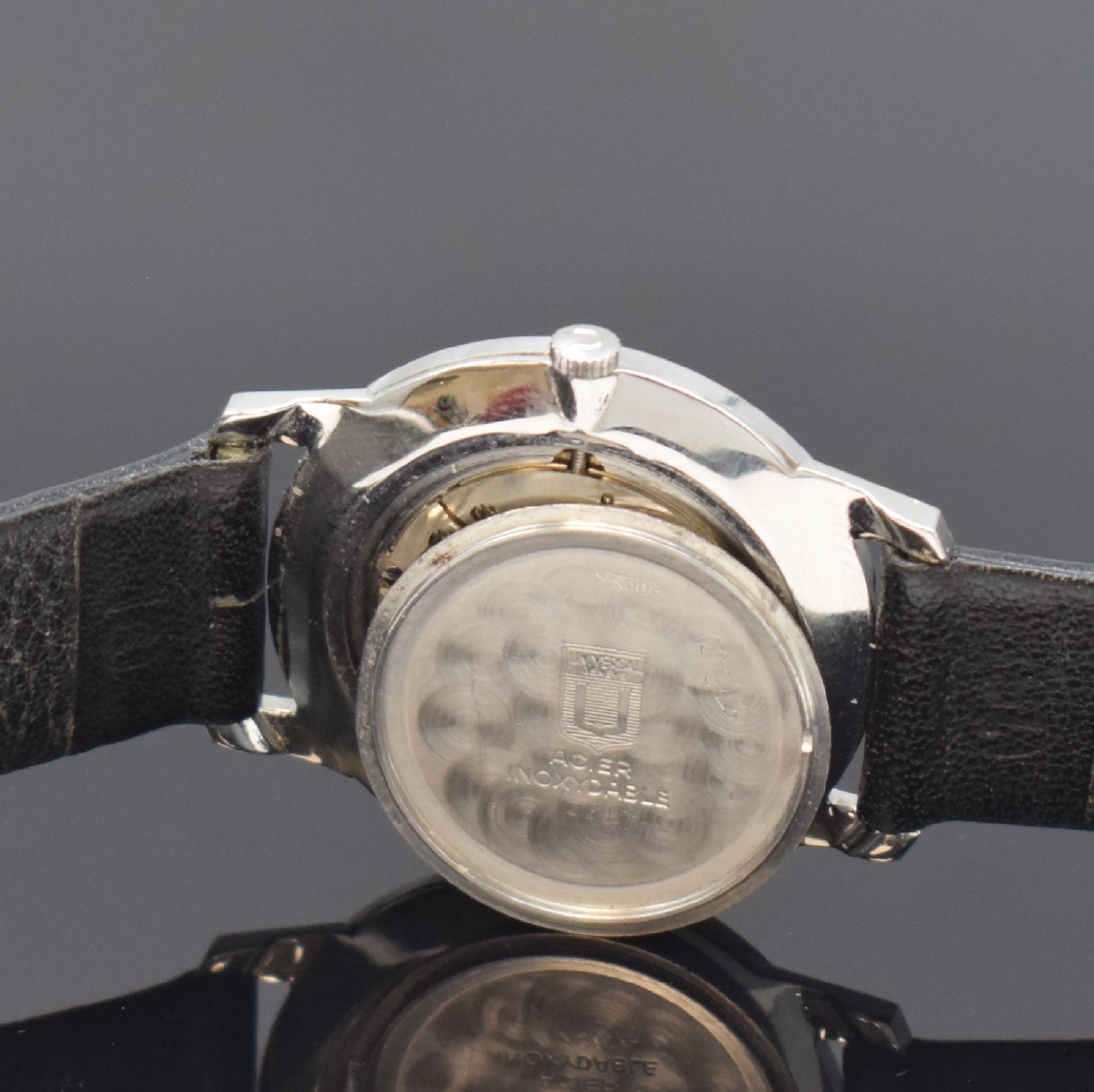 Detail e: UNIVERSAL GENEVE klassische Armbanduhr Referenz 842101/12, Schweiz um 1965, Handaufzug, Boden gedr., silb. Zifferbl. m. arab. Zahlen, geschw. Zeiger, ...