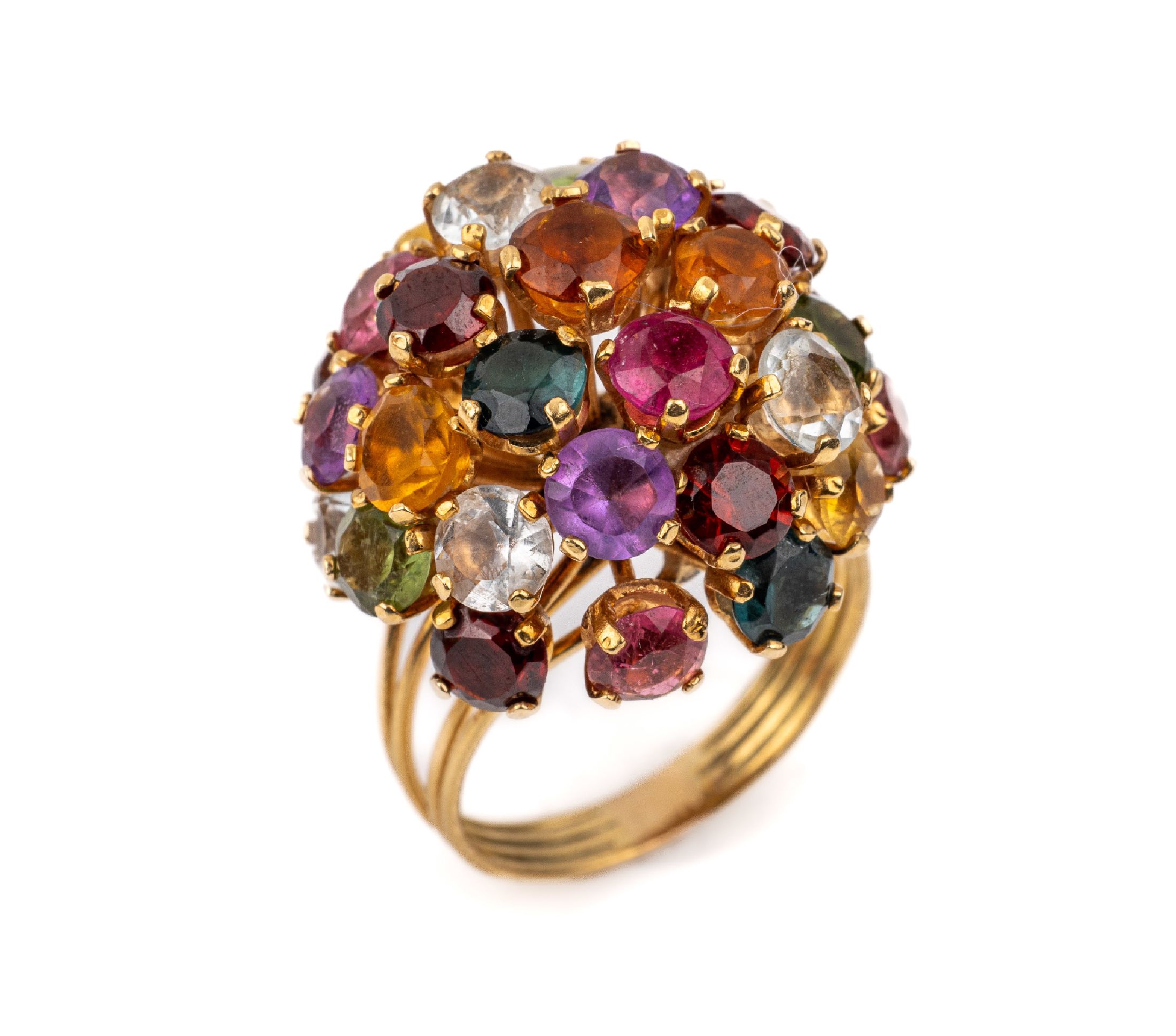 18 kt Gold Farbsteinring, GG 750/000, hoher Ringkopf bes. mit rundfacett. Granate, Amethyste, Peridots, Citrine, Turmaline, RW 55, ca. 10.9 g