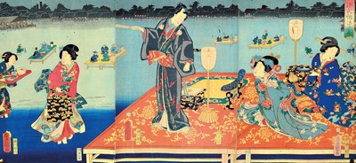 Image 26697754 - Rollbild und zwei Farbholzschnitte, Japan, 19. Jh.