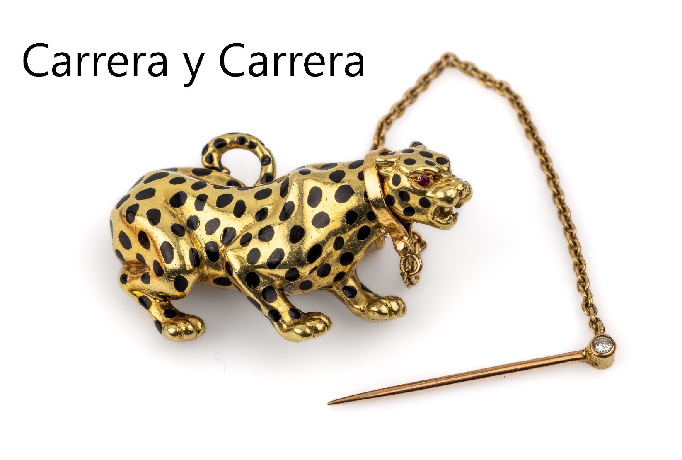 18 kt Gold CARRERA Y CARRERA Brosche "Raubkatze", GG 750/000, schwarz emaill. Fellmuster, 2 kl. Rubine als Augen, Sicherheitsnadel mit kl. ...