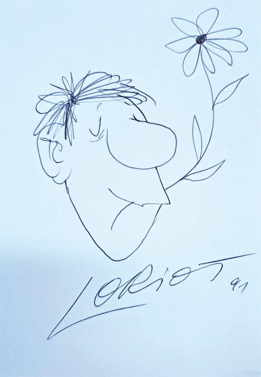 Loriot (Vicco von Bülow), 1923-2011, Knollennansenmännchen mit Blume, Bleistift auf Papier, signiert und dat. 91, ca. 15x10.5 cm