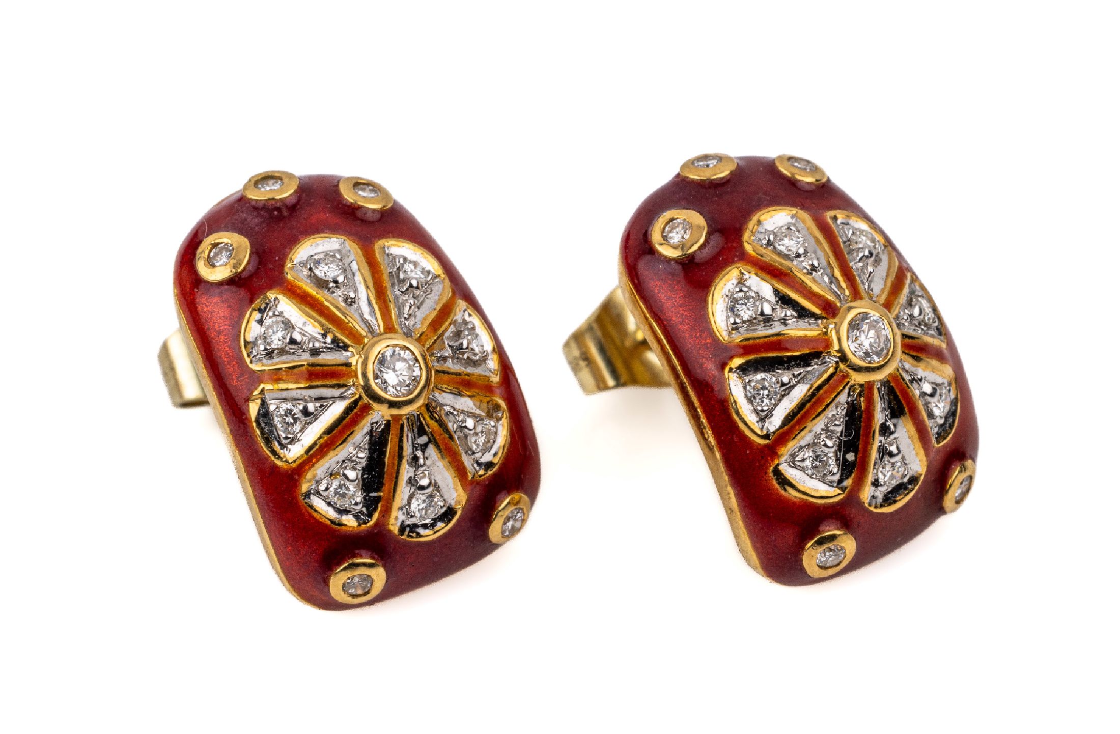 Paar 18 kt Gold Email-Diamant-Ohrstecker, GG 585/000,floral bes. mit 28 Brillanten zus. ca. 0.14 ct Weiß/si-p, rot emaill., ca. 6.2 g
