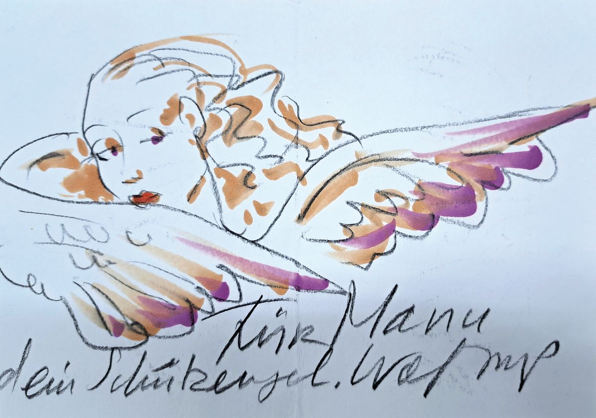 Wolfgang Joop, geb. 1944, Klappkarte: Bleistift und Aquarell, bez.: Für Mama dein Schutzengel Wolfgang, rückseitig: Potsdam 17. 1. 2019 Wolfgang ...