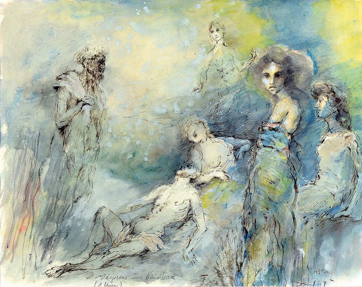 Paul Löffler, 1938-1995 Mannheim, Odysseus und Nausikaa, Aquarell und Tusche, rechts unten signiert, mittig unten betitelt, ca. 37x47cm, PP, u.Gl., ...