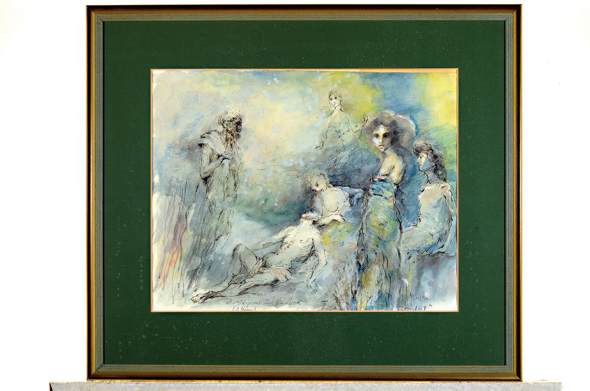 Detail k: Paul Löffler, 1938-1995 Mannheim, Odysseus und Nausikaa, Aquarell und Tusche, rechts unten signiert, mittig unten betitelt, ca. 37x47cm, PP, u.Gl., ...