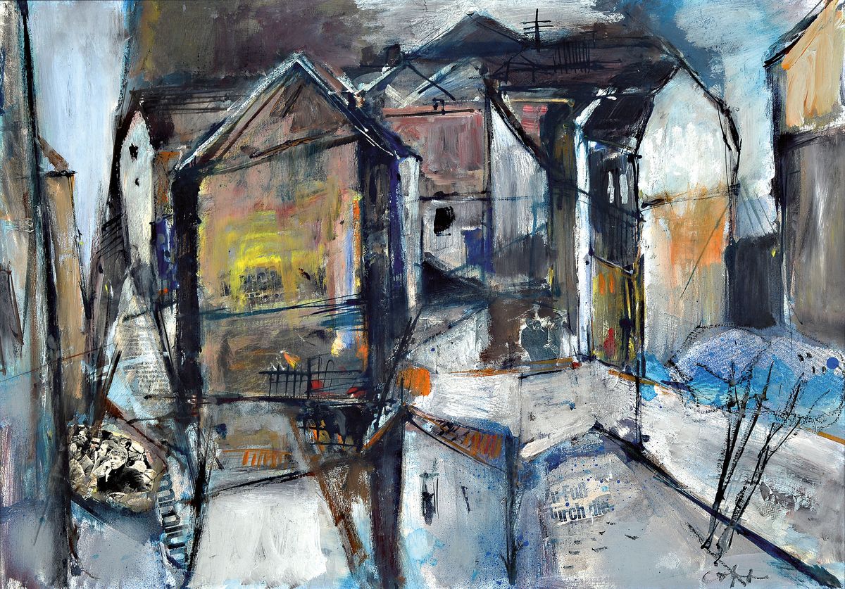 Paul Löffler, 1938-1995 Mannheim, Ansicht aus Mannheim, Gouache, collagiert mit Zewitungsausschnitten, signiert, ca. 49x 70cm, u.Gl., R. ca. 52x73cm