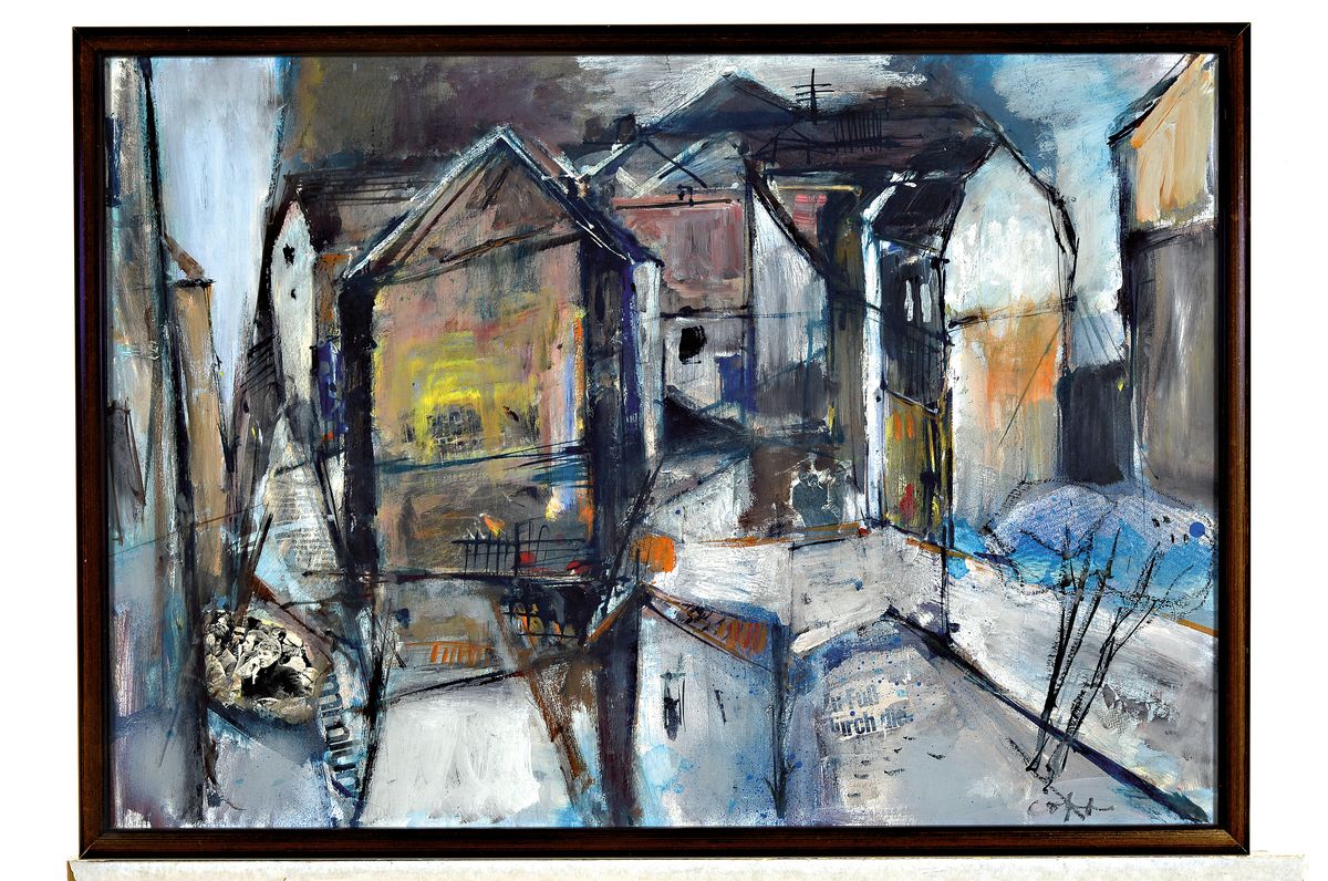 Detail k: Paul Löffler, 1938-1995 Mannheim, Ansicht aus Mannheim, Gouache, collagiert mit Zewitungsausschnitten, signiert, ca. 49x 70cm, u.Gl., R. ca. 52x73cm