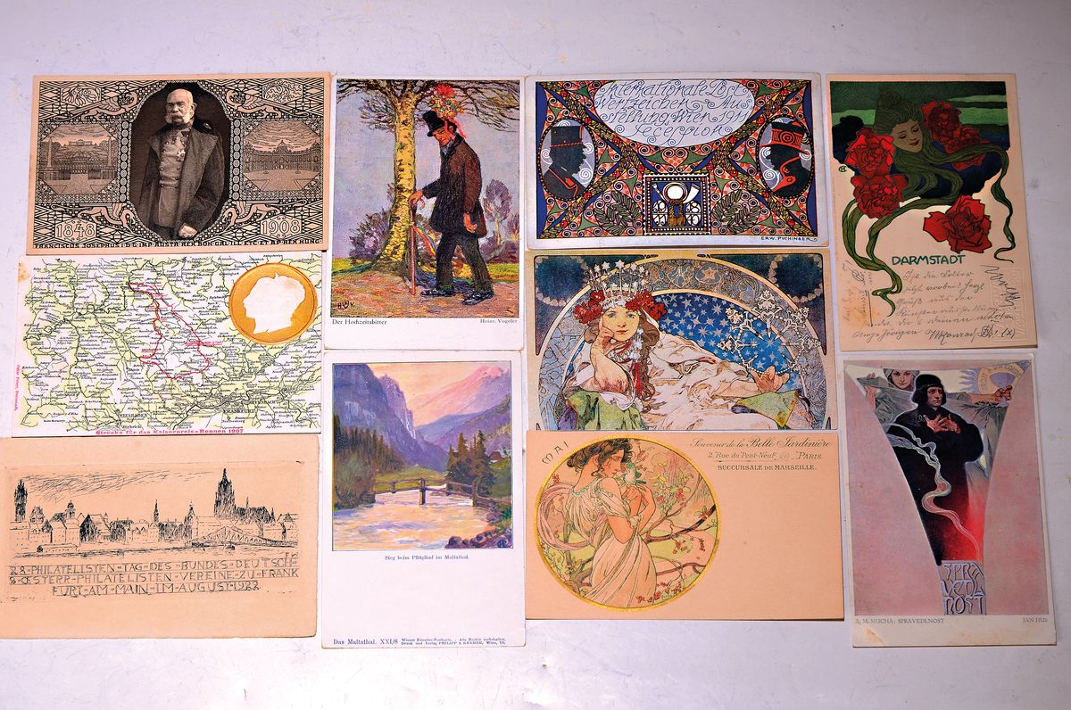 18 Künstlerpostkarten aus dem Jugendstil, international bekannte, Künstler: u.a. Mucha, Prof. Olbrich, Hans Deiters, Heinrich Vogler, Erwin ...