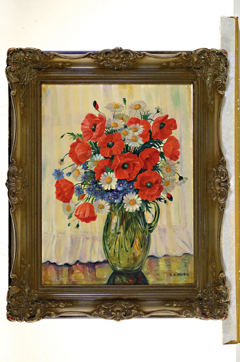 Detail k: C.R. Helbig, Blumenstillleben mit Mohnblumen Öl/Karton, recht unten signiert, Rahmen 65x50cm