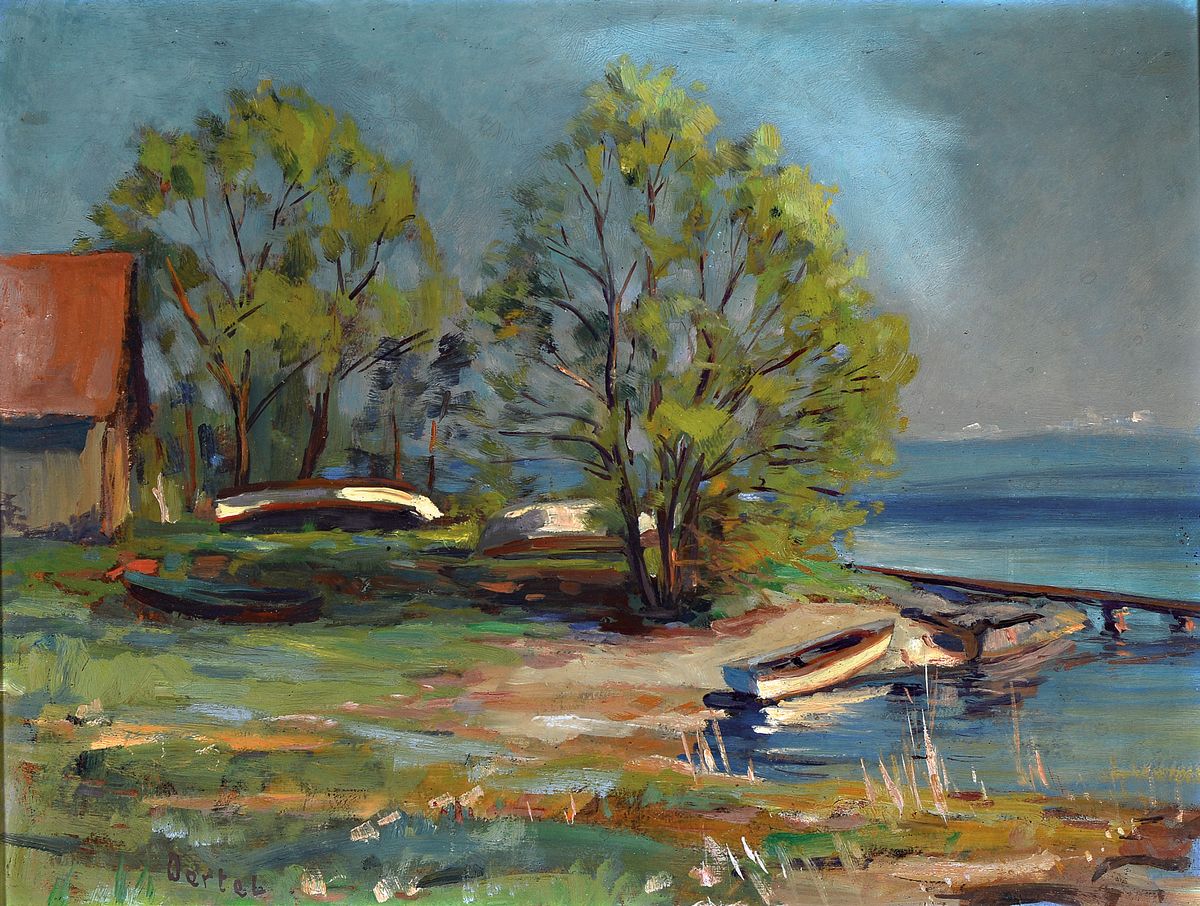 Karl Oertel, 1890-1979 Karlsruhe, Uferlandschaft, Öl/Platte, links unten signiert, Rahmen best. 50x60 cm; Studium an der Kunstgewerbeschule und ...