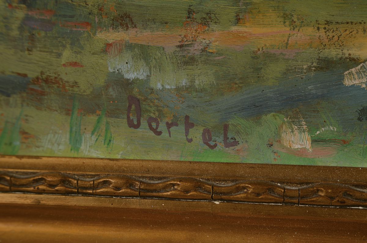 Detail a: Karl Oertel, 1890-1979 Karlsruhe, Uferlandschaft, Öl/Platte, links unten signiert, Rahmen best. 50x60 cm; Studium an der Kunstgewerbeschule und ...
