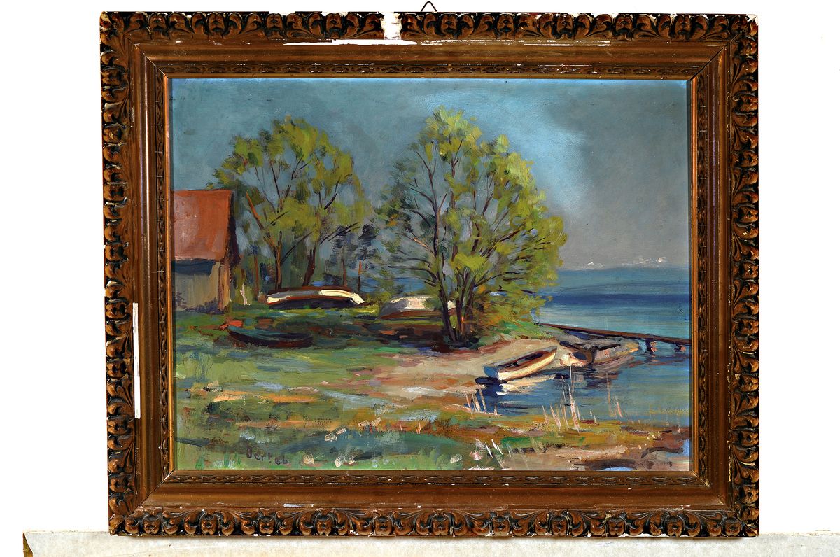 Detail k: Karl Oertel, 1890-1979 Karlsruhe, Uferlandschaft, Öl/Platte, links unten signiert, Rahmen best. 50x60 cm; Studium an der Kunstgewerbeschule und ...