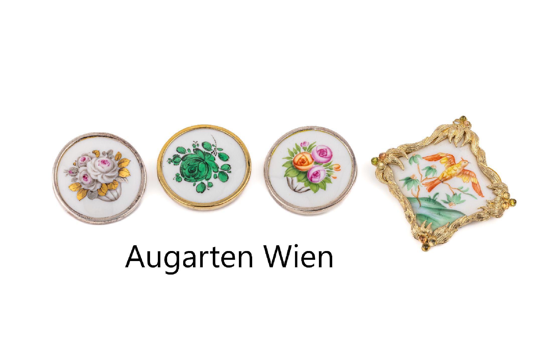 Konvolut 4 Broschen mit Porzellanmalerei, 925er Silber, teilw. verg., Manufaktur Augarten Wien, 3 x rund mit unterschiedlichen Rosendekor, D. ca. ...