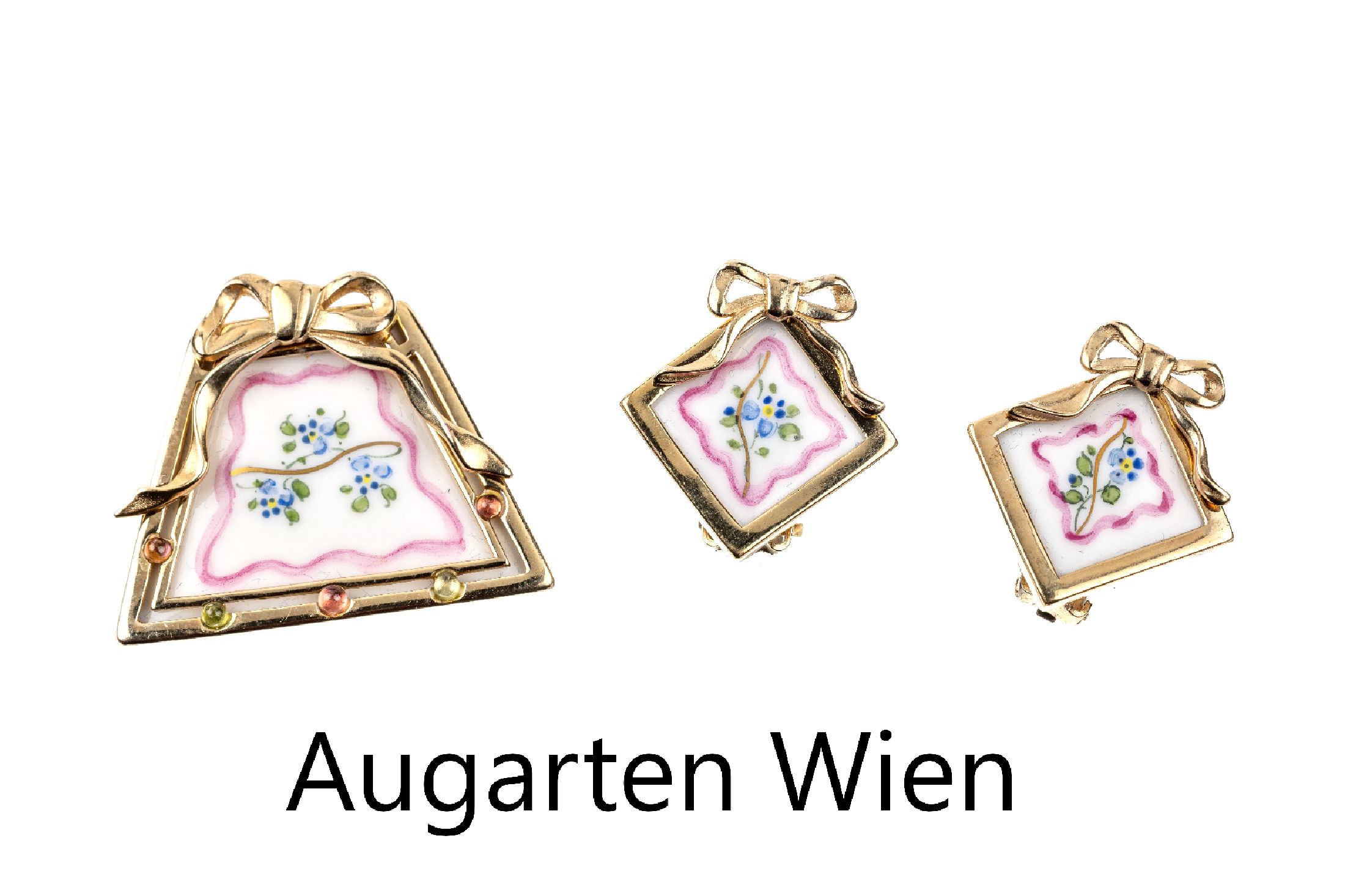 Schmuckset mit Porzellanmalerei, 925er Silber verg., Manufaktur Augarten Wien, best. aus: Brosche/Anhänger und ein Paar Ohrclips, schlichte ...