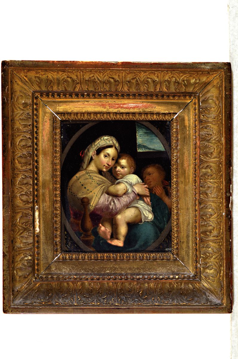 Detail k: Kopie nach Raffael, 1483 Urbino - 1520 Roma, Madonna della Seggiola, Öl/Kupferplatte, feine lasierende Malerei, Farbfehlstellen bzw. Altersspuren, ...