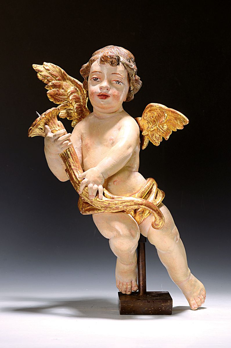Engel, Barock, 18. Jh., Holz, Fassung ergänzt, geschnitzt, ca. 43 x 32 cm,
