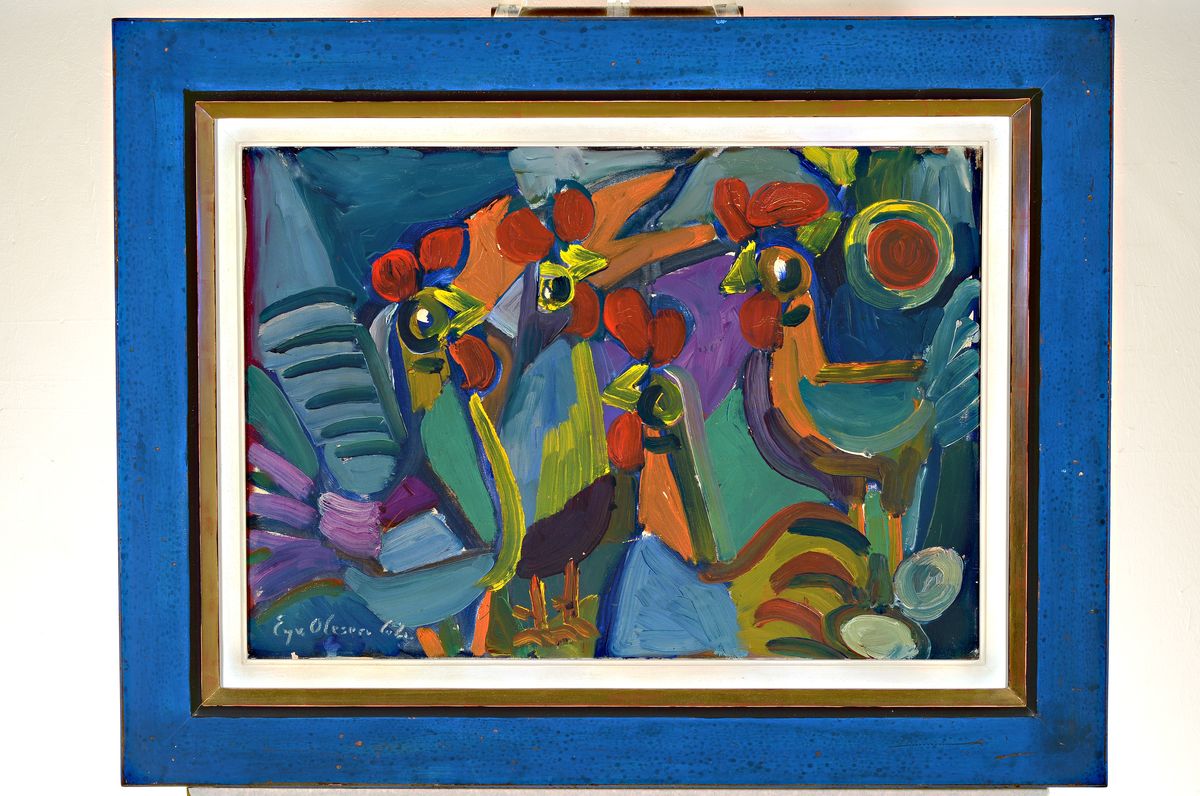 Eyvind Olesen, 1907 Svallerup-1995 Slaglille , dänischer Künstler, 3 Hähne, Komposition ib blau, links unten signiert und datiert 1964, Öl/Lwd, ...