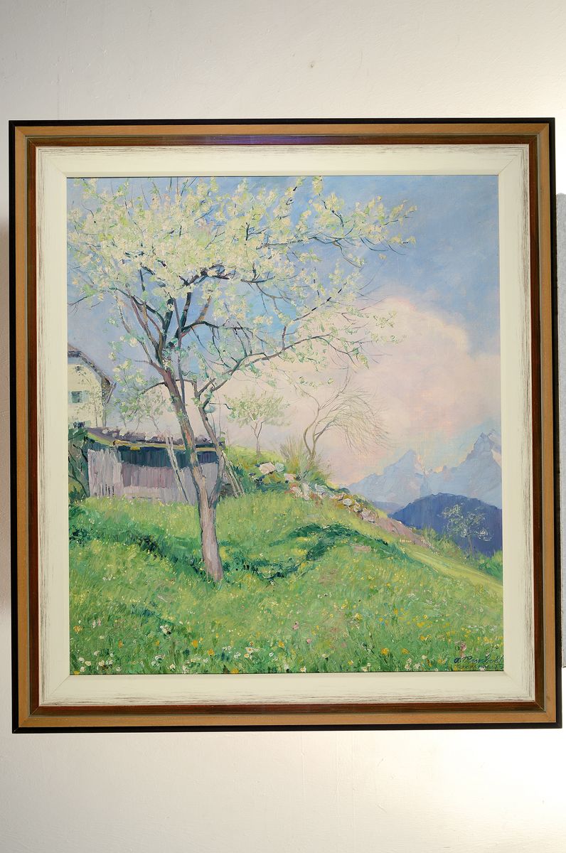 Detail k: Anton Reinbold, 1881-1968 Berchtesgaden, Blühender Baum auf einer Alm in Hochgebirgslandschaft, Öl/Lwd, rechts unten signiert, ca. 85x73cm, R. ca. ...