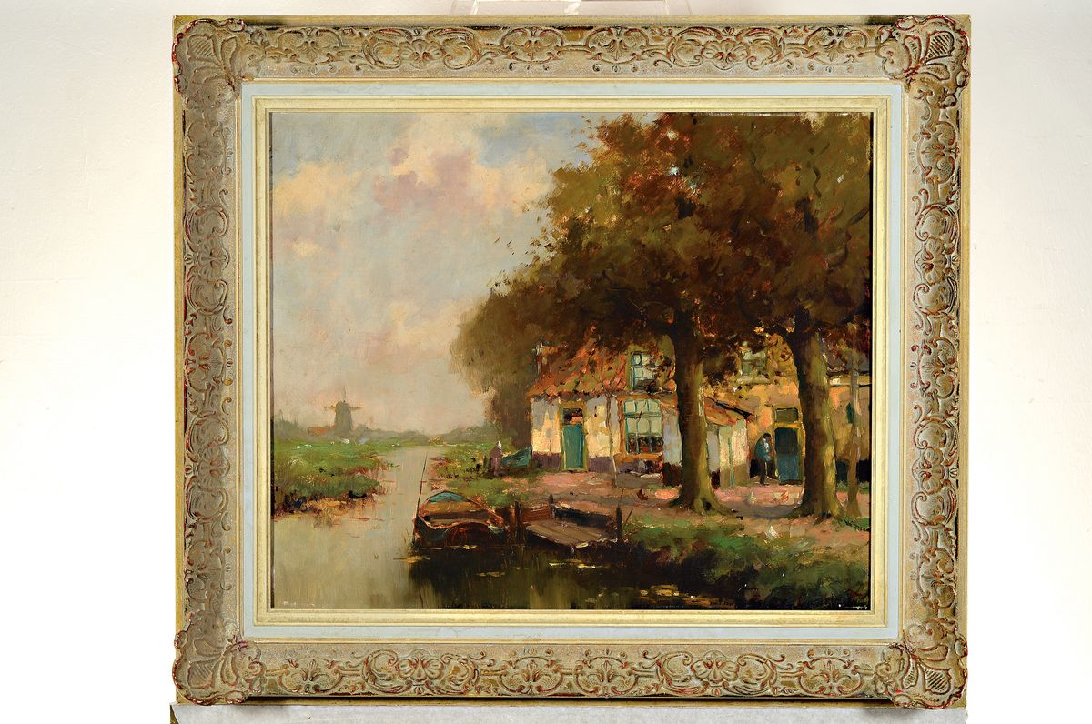 Detail k: L. v. Bangert o.ä., niederländischer Maler, um 1900, Landschaft mit Windmühle, rechts ein Bauerngehöft am Kanalufer, Öl/Lwd, rechts unten schwer ...