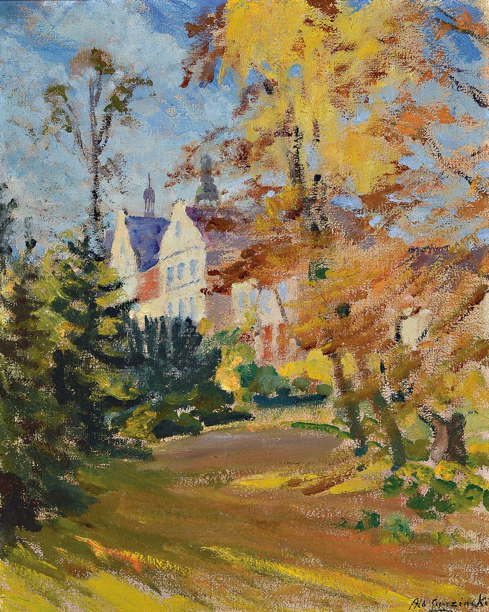 Albert Lipczinski, deutsch-polnischer Künstler, 1876-1974, Blick durch herbstliche Bäume auf ein Schloß, Öl auf grobe Lwd, rechts unten sign., ...