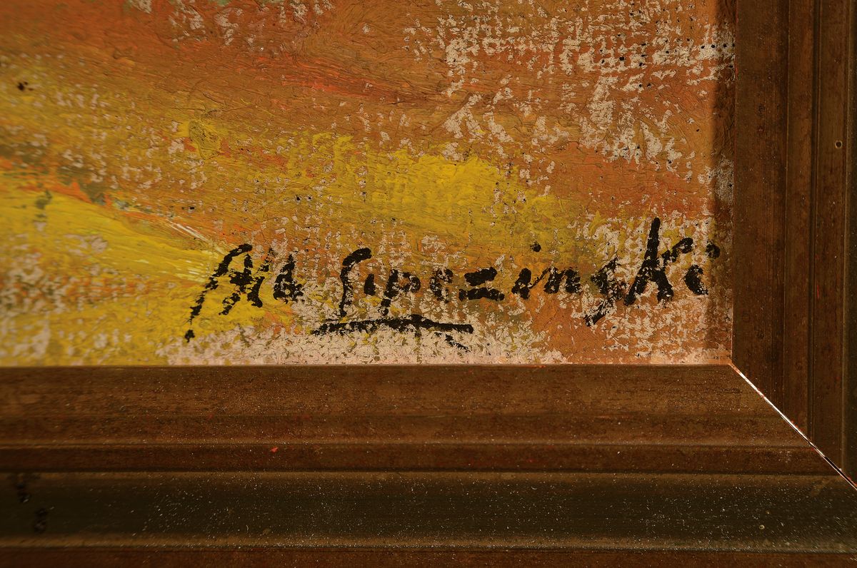 Detail a: Albert Lipczinski, deutsch-polnischer Künstler, 1876-1974, Blick durch herbstliche Bäume auf ein Schloß, Öl auf grobe Lwd, rechts unten sign., ...