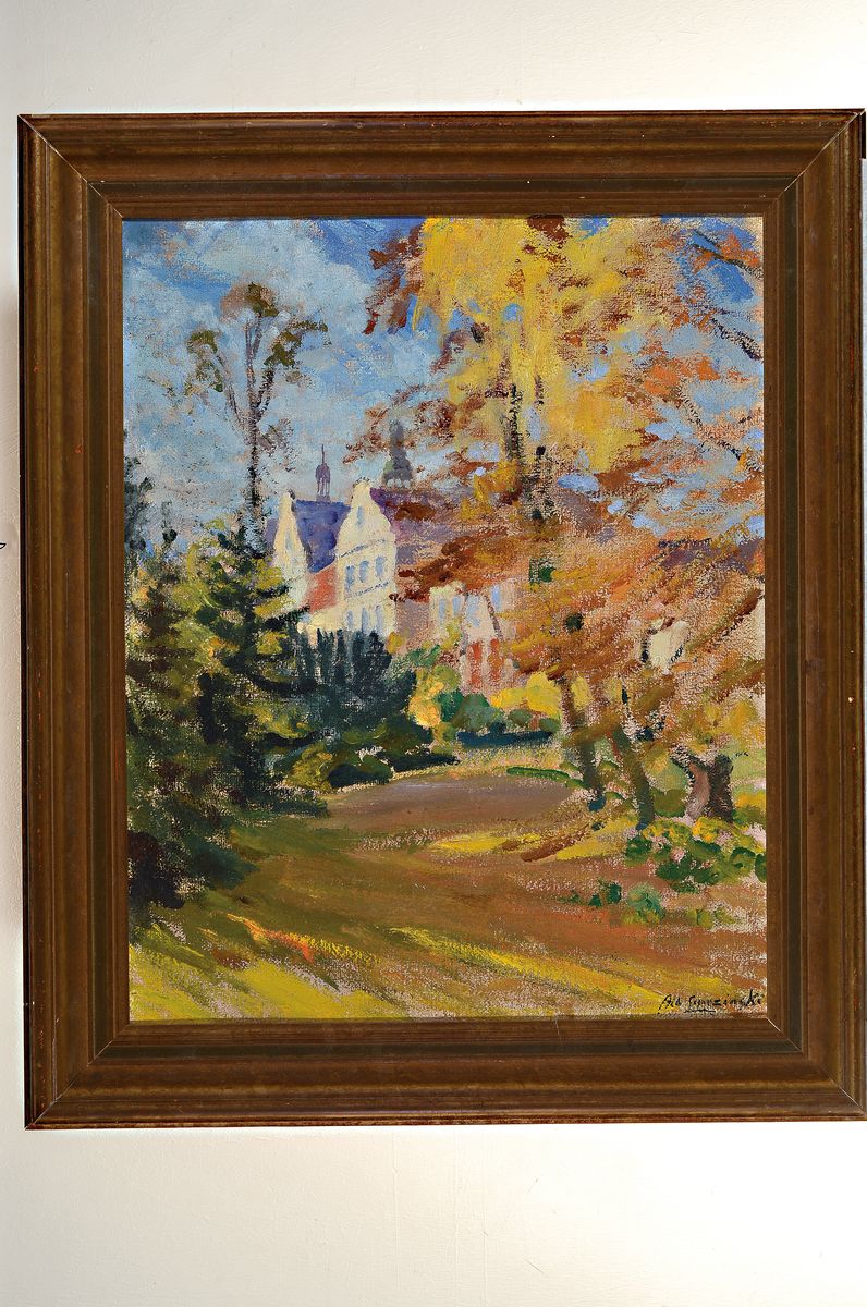 Detail k: Albert Lipczinski, deutsch-polnischer Künstler, 1876-1974, Blick durch herbstliche Bäume auf ein Schloß, Öl auf grobe Lwd, rechts unten sign., ...