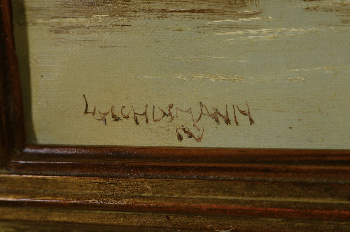 Detail a: Ludwig Gschossmann, 1894 Straßburg-1988 Tegernsee, Seeuferlandschaft unter weitem Himmel, Öl/Lwd, links unten signiert, ca. 60x80cm, ...