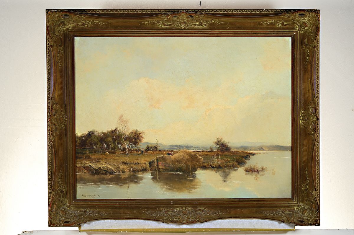 Detail k: Ludwig Gschossmann, 1894 Straßburg-1988 Tegernsee, Seeuferlandschaft unter weitem Himmel, Öl/Lwd, links unten signiert, ca. 60x80cm, ...