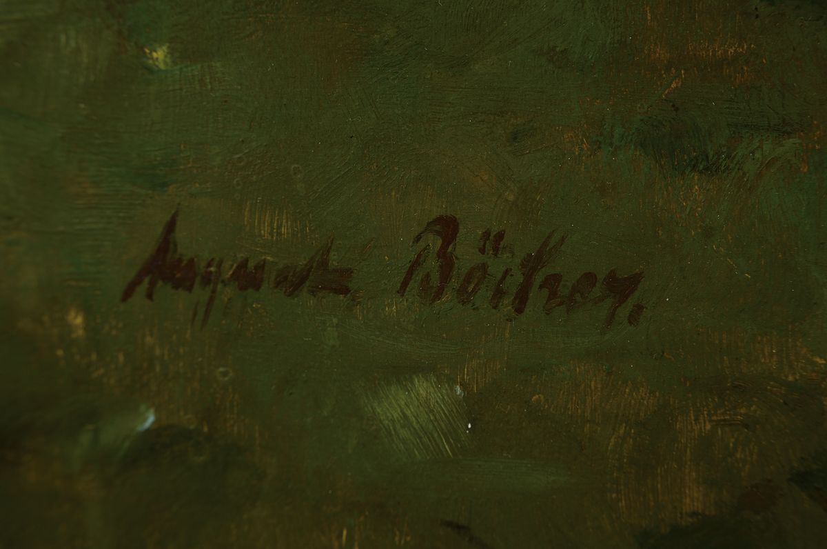 Detail a: August Böcher, 1876 Biebrich/Rhein-1961, März an der Altmühl, Öl/Holz, links unten signiert, ca. 97x117cm, R. ca. 109x129cm, rückseitig Fragment ...
