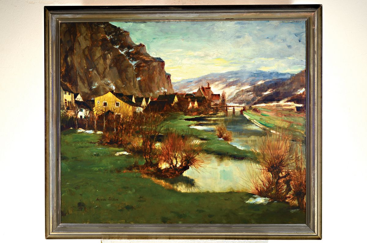 Detail k: August Böcher, 1876 Biebrich/Rhein-1961, März an der Altmühl, Öl/Holz, links unten signiert, ca. 97x117cm, R. ca. 109x129cm, rückseitig Fragment ...