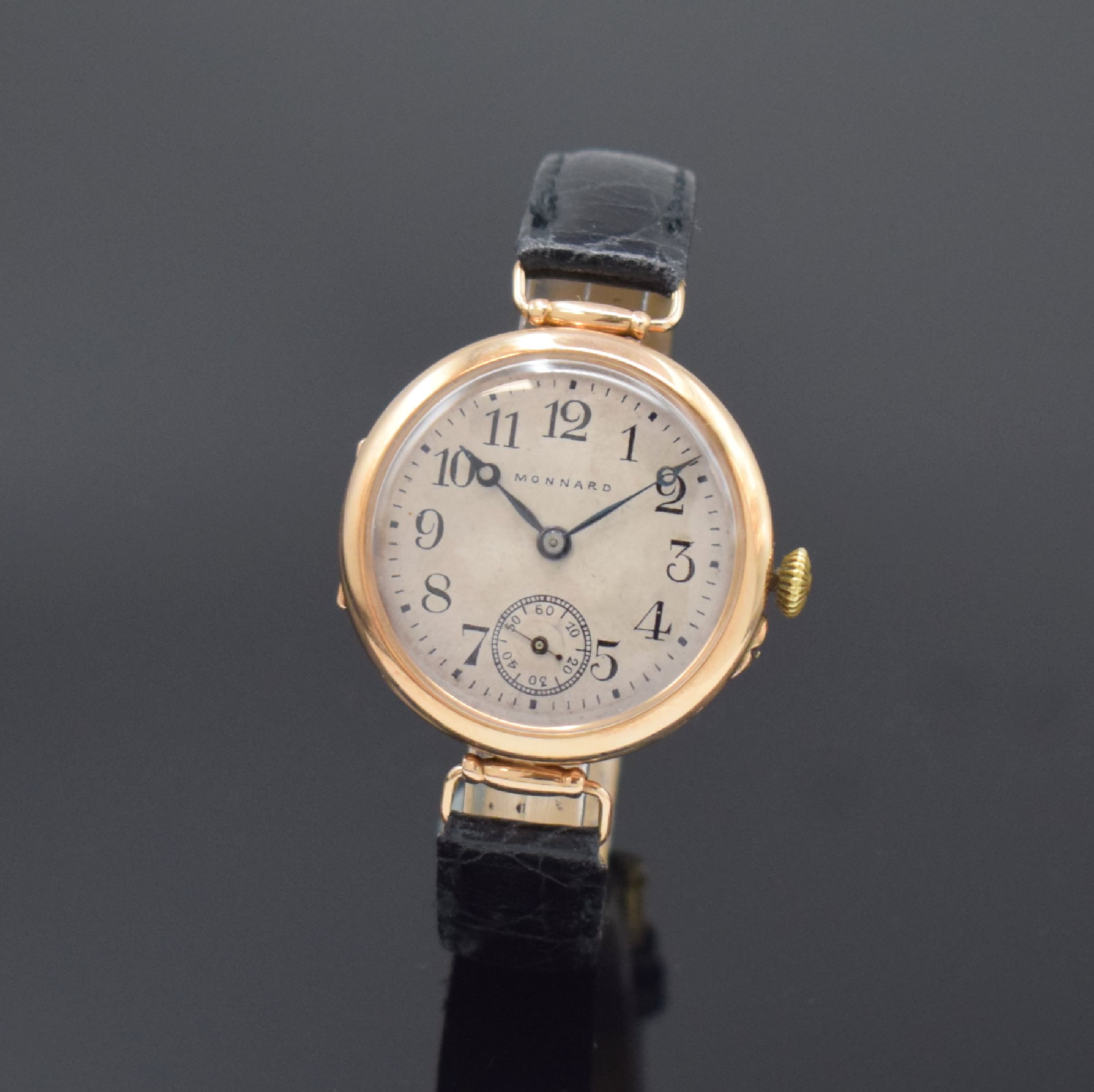 MONNARD frühe Armbanduhr in RG 583/000, Schweiz für den russischen Markt um 1915, Handaufzug, Geh. dell., Zeigerstellung m. Drücker b. 4, bewegl. ...