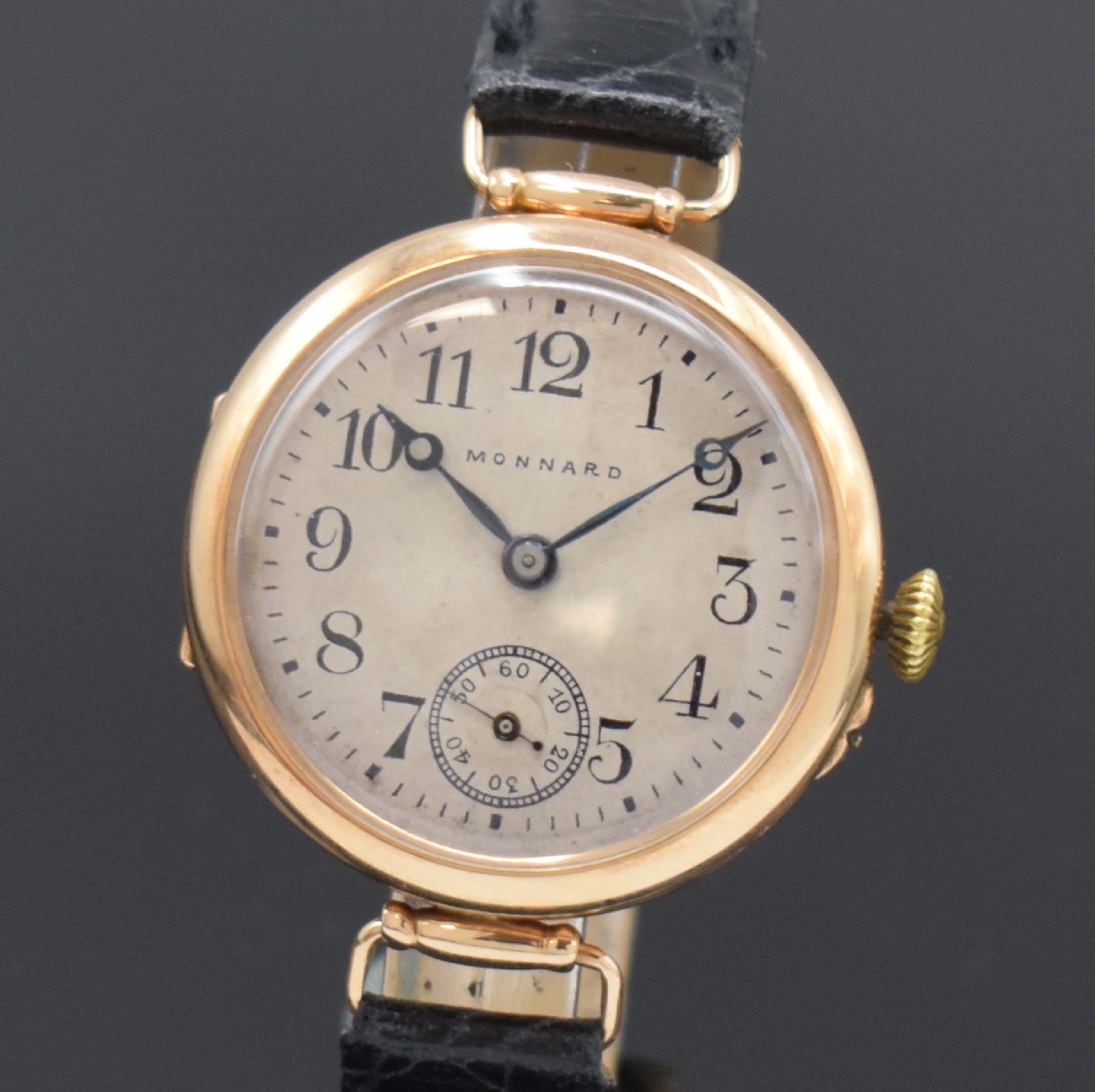 Detail a: MONNARD frühe Armbanduhr in RG 583/000, Schweiz für den russischen Markt um 1915, Handaufzug, Geh. dell., Zeigerstellung m. Drücker b. 4, bewegl. ...