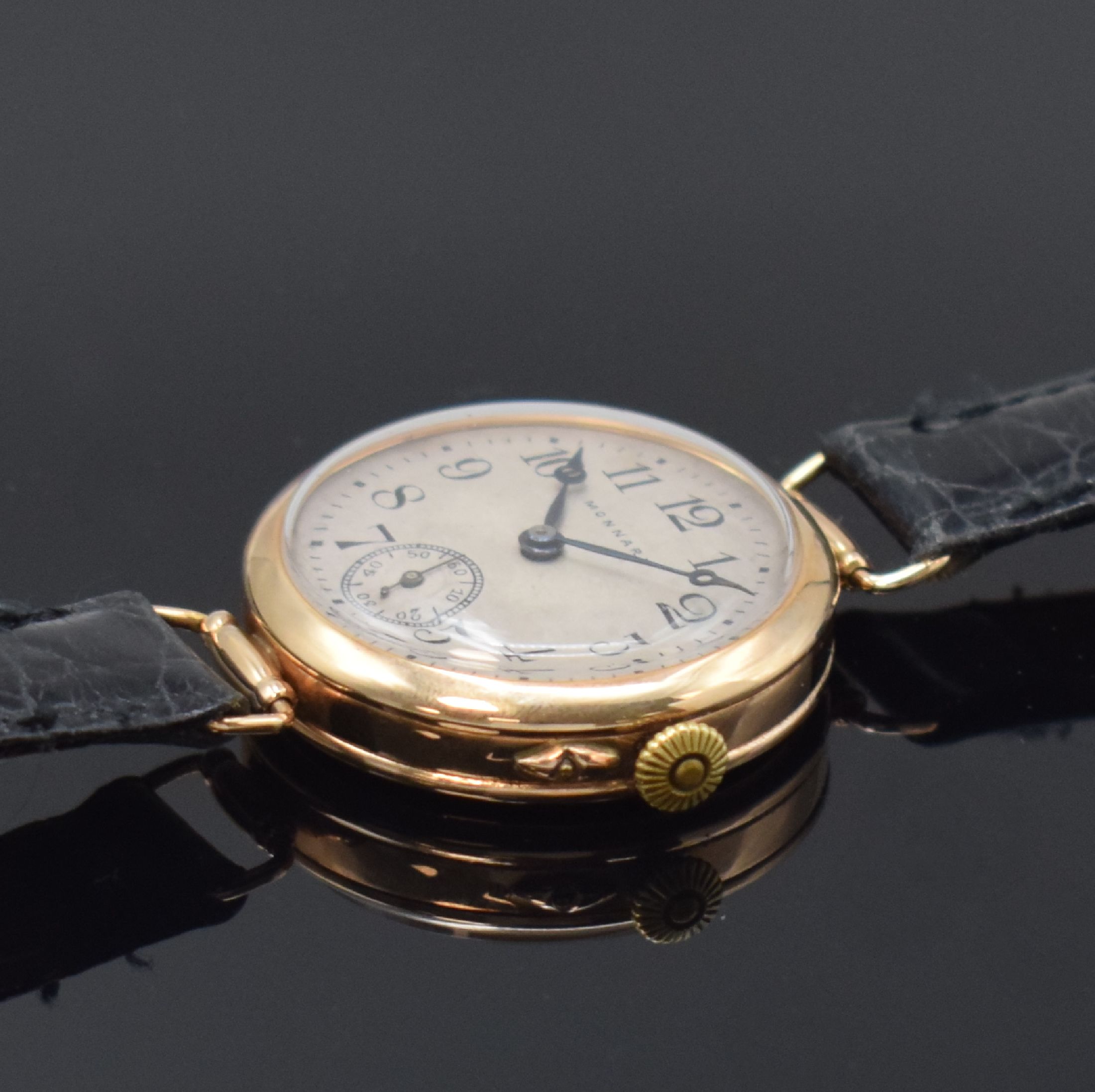 Detail b: MONNARD frühe Armbanduhr in RG 583/000, Schweiz für den russischen Markt um 1915, Handaufzug, Geh. dell., Zeigerstellung m. Drücker b. 4, bewegl. ...