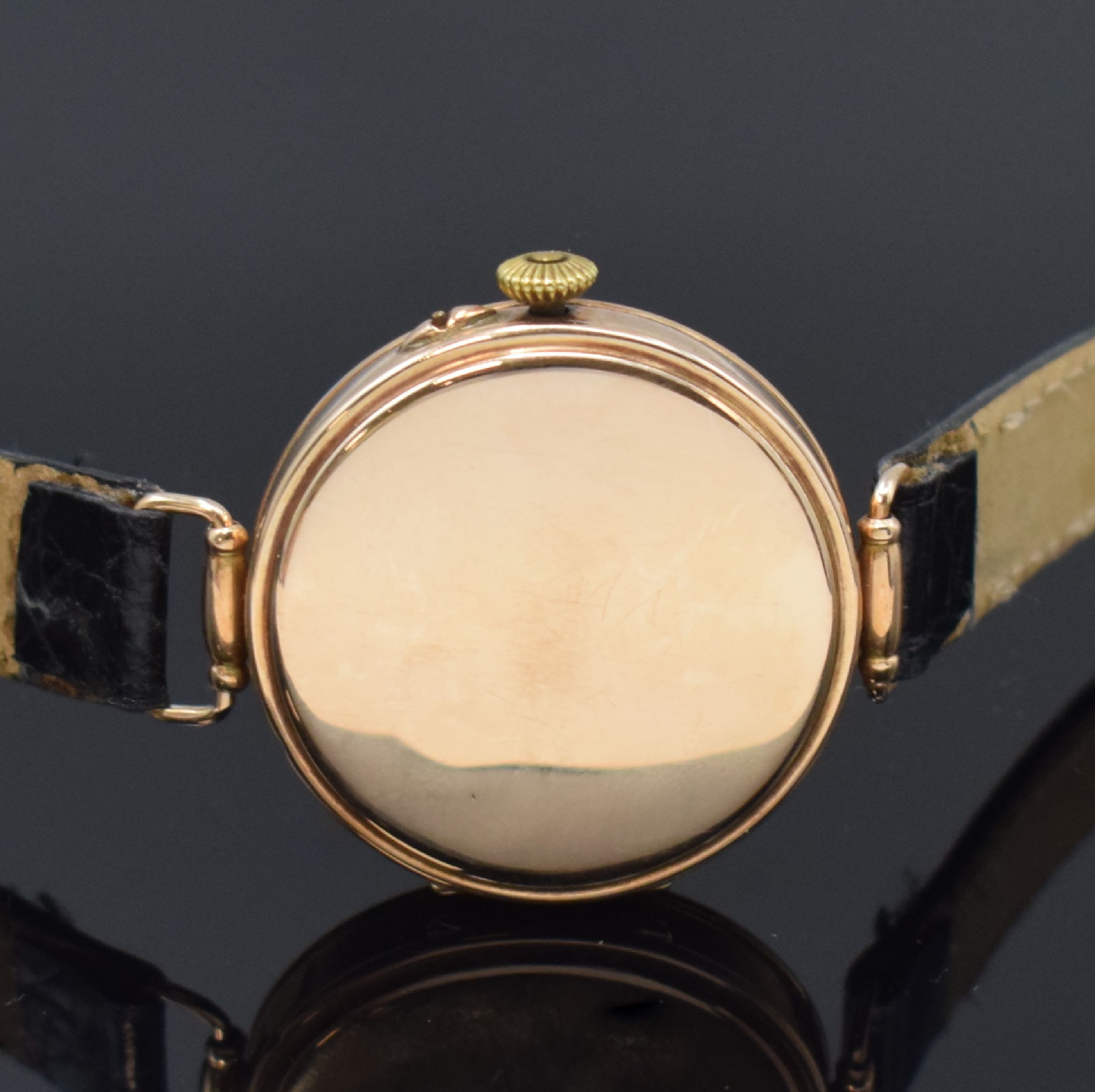 Detail c: MONNARD frühe Armbanduhr in RG 583/000, Schweiz für den russischen Markt um 1915, Handaufzug, Geh. dell., Zeigerstellung m. Drücker b. 4, bewegl. ...