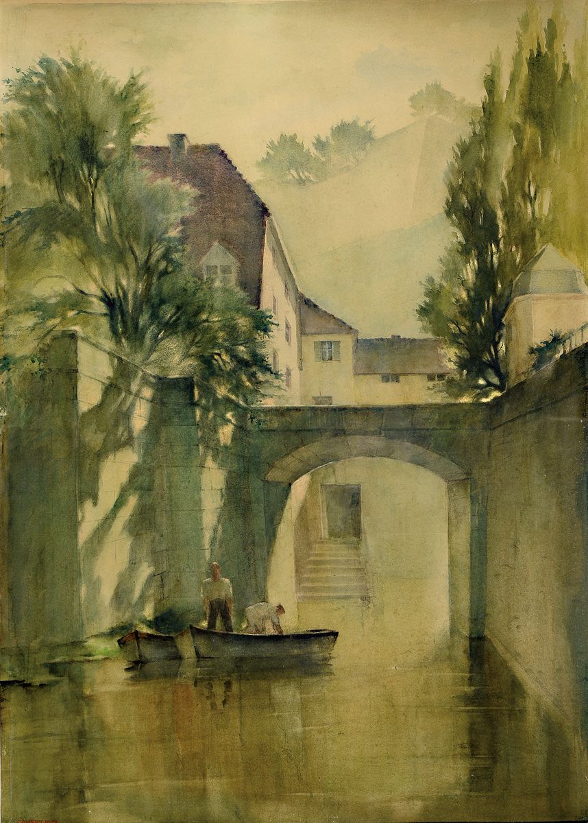 Bruno Ernst Scherz, 1889-1955, Stiller Winkel am Main , rückseitig auf dem Ausst.- Etikett der gr. Kunstausst. München 1943 so betitelt, Aquarell, ...