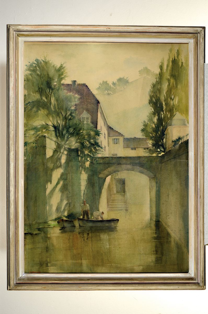 Detail k: Bruno Ernst Scherz, 1889-1955, Stiller Winkel am Main , rückseitig auf dem Ausst.- Etikett der gr. Kunstausst. München 1943 so betitelt, Aquarell, ...