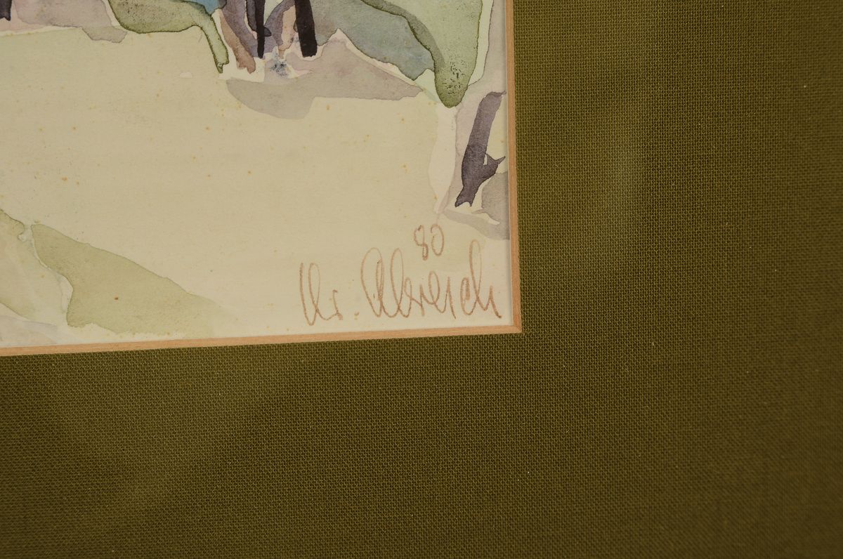 Detail a: Christel Abresch, 1931 Sulzbach-2011 Neustadt/Wstr., Hügelige Landschaft mit Bäumen, Aquarell, rechts unten signiert und dat. 80, ca. 17x22cm, PP, ...