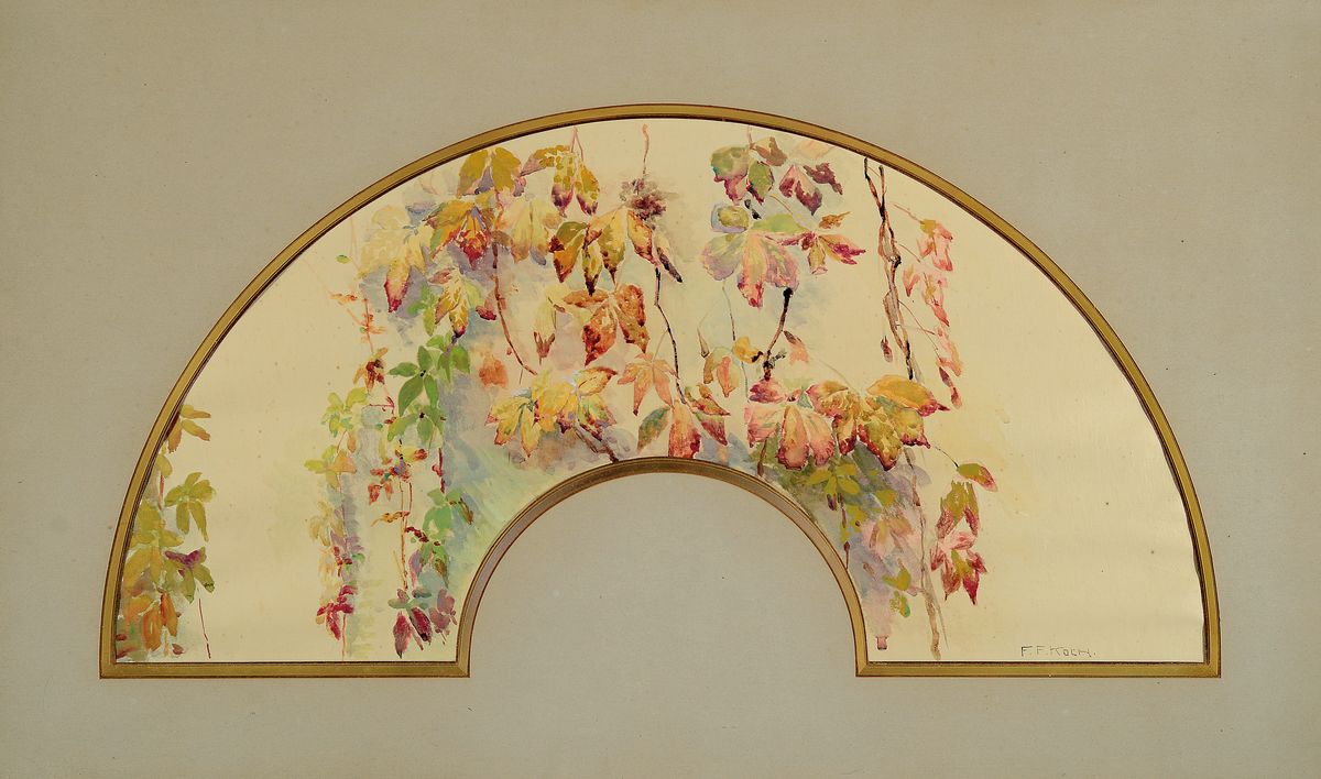 Friedrich Ferdinand Koch, 1863-1923 Landau, Herbstlaub, Aquarell auf Stoff (evtl. Seide), rechts unten signiert, fächerförmiger Bildausschnitt ca. ...