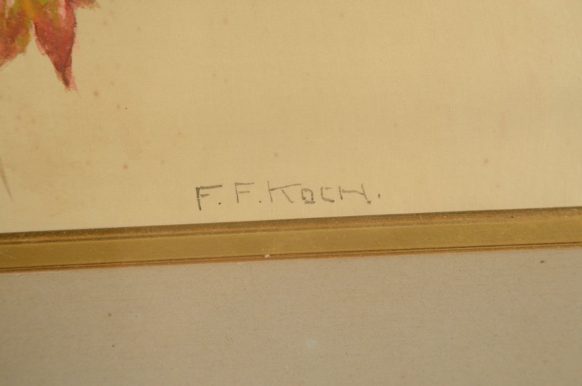 Detail a: Friedrich Ferdinand Koch, 1863-1923 Landau, Herbstlaub, Aquarell auf Stoff (evtl. Seide), rechts unten signiert, fächerförmiger Bildausschnitt ca. ...