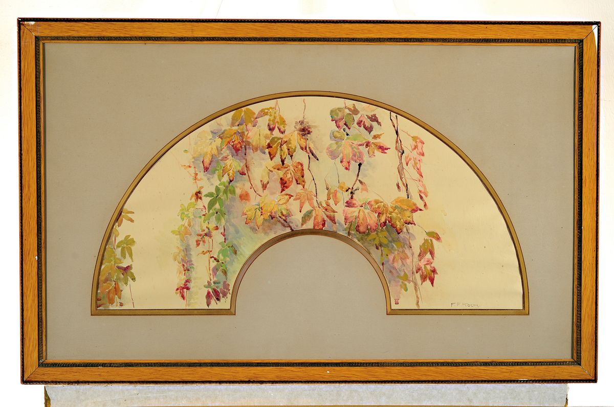 Detail k: Friedrich Ferdinand Koch, 1863-1923 Landau, Herbstlaub, Aquarell auf Stoff (evtl. Seide), rechts unten signiert, fächerförmiger Bildausschnitt ca. ...