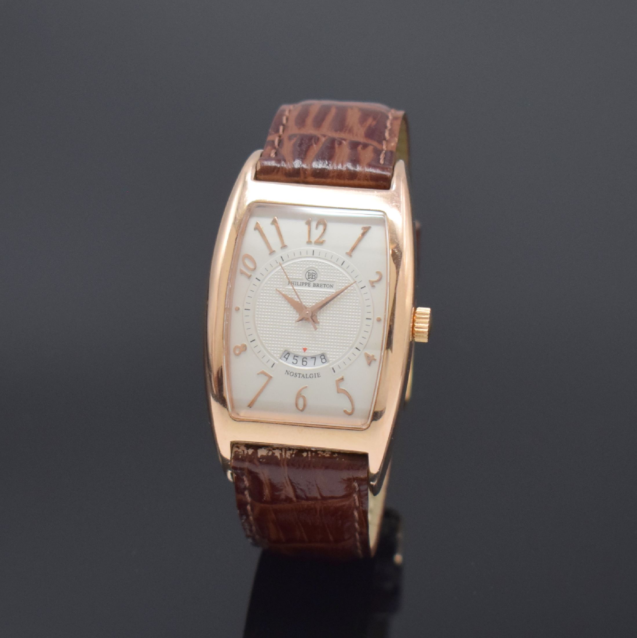 PHILIPPE BRETON Nostalgie Herrenarmbanduhr in RoseG 585/000, Schweiz um 2005, Automatik, massives 2-teil. Gehäuse, Boden 4-fach verschr., silb. ...