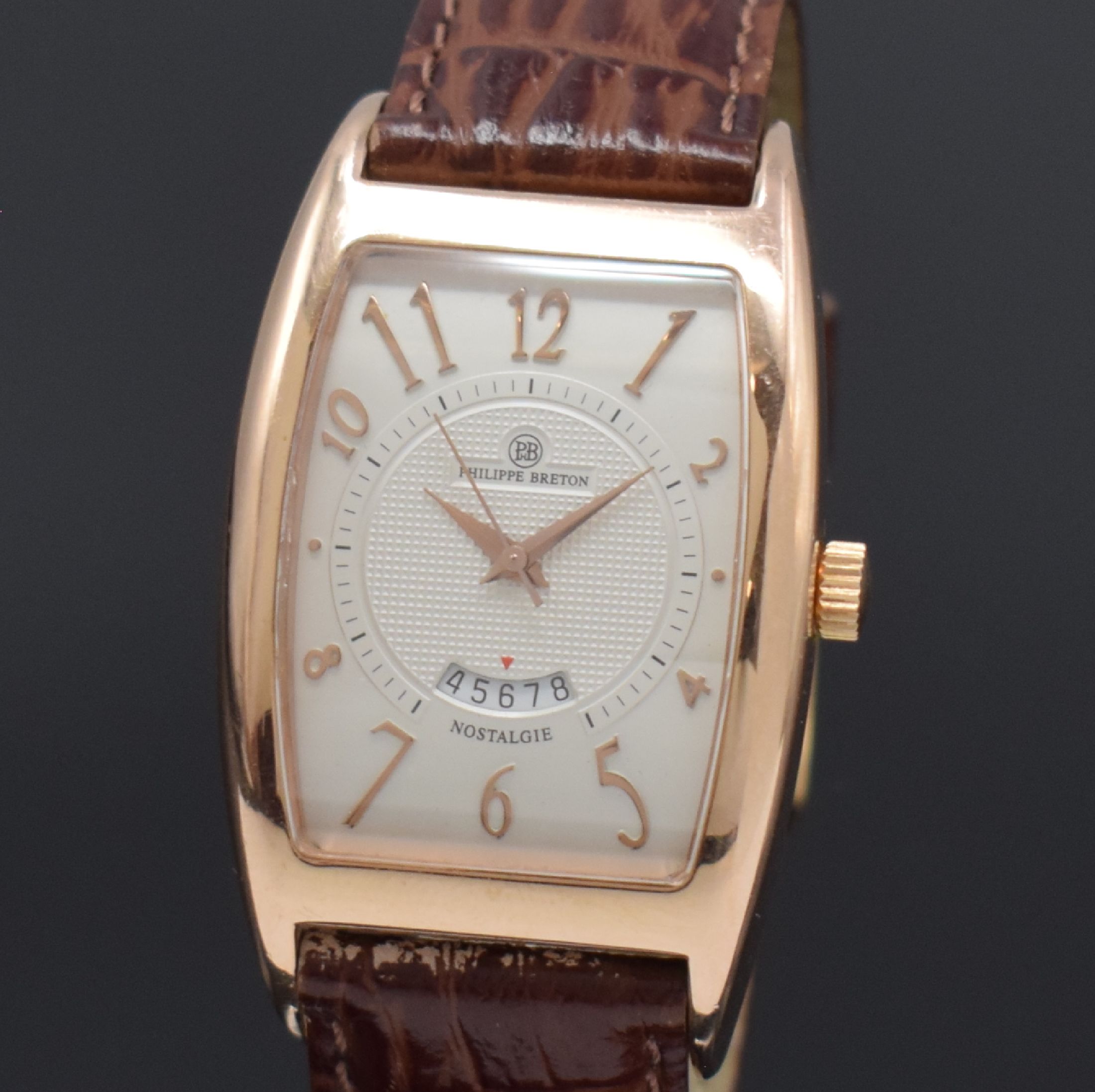 Detail a: PHILIPPE BRETON Nostalgie Herrenarmbanduhr in RoseG 585/000, Schweiz um 2005, Automatik, massives 2-teil. Gehäuse, Boden 4-fach verschr., silb. ...